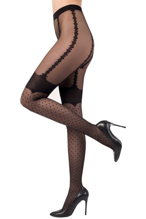 Panty sexy negro con efecto liguero y medias de lunares (plumeti)