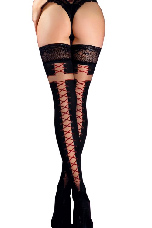 Medias Sexy Autofijantes – Negras Opacas con Cordones Rojos – Ballerina 526