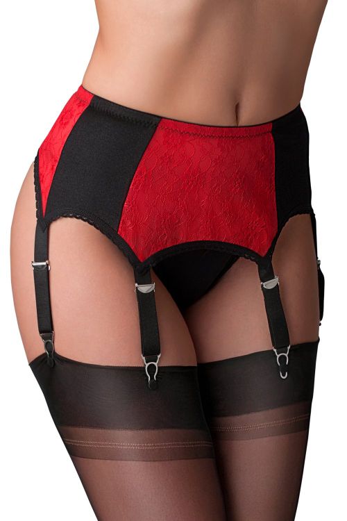 Désirée – Liguero negro con encaje rojo y 6 ligas